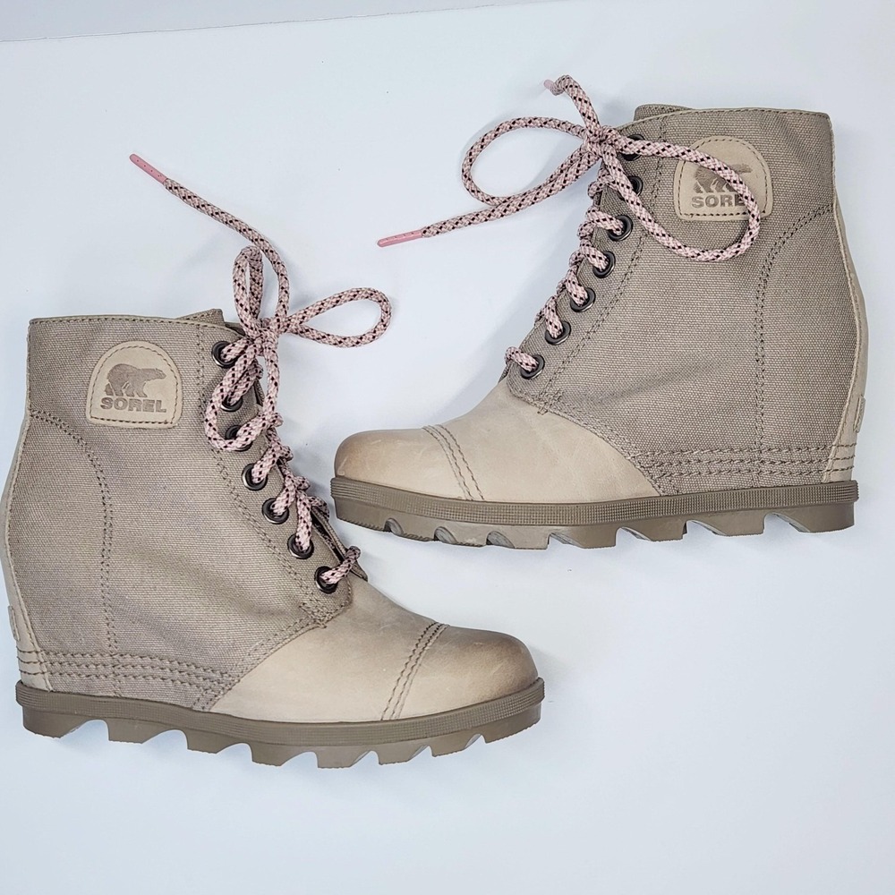 Sorel Boots Womens Size 8.5 Beige Canvas Leather Lace Up Wedge Ankle Booties - Picture 13 of 14